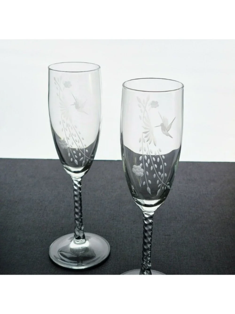 Vintage Hummingbird Fluted Champagne Set, Etched Hummingbird & Floral Design
